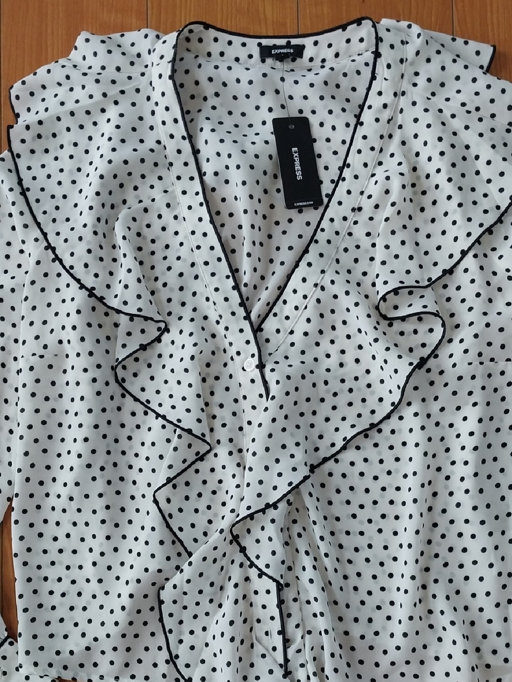 Brand New w/Tags Express Black and White Polka Dot Ruffle Wrap Blouse Sz S
